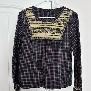 J. Crew Tartan Embroidered top. Size Small.